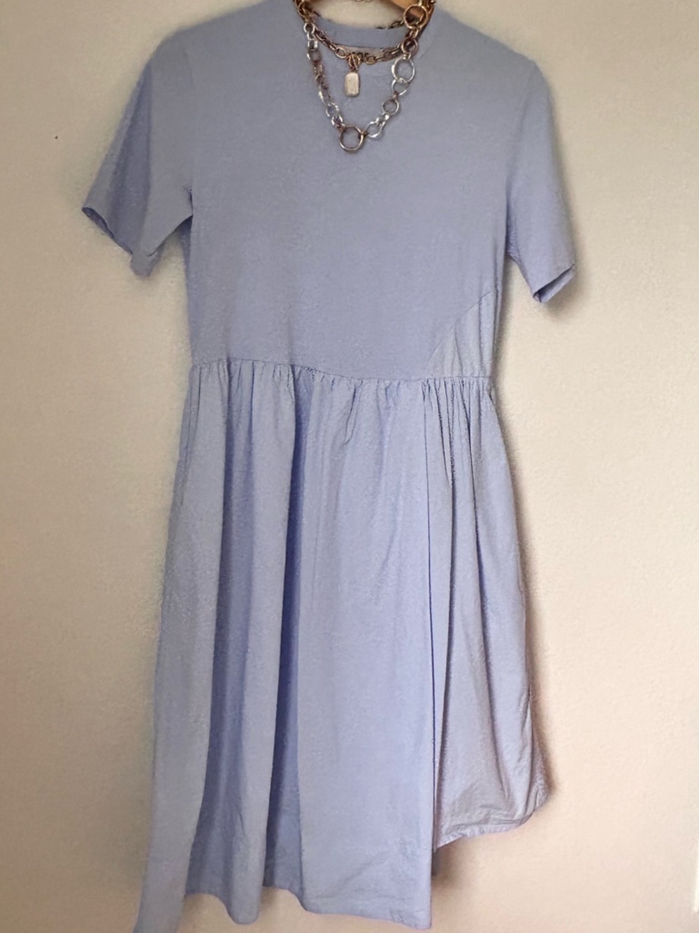 COS Baby Blue Cotton Midi Dress Pockets | Minimalist A-Line Short Sleeve